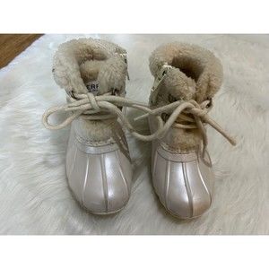 Sperry Duck Boots Toddler Girls Size 7M Ivory Gold Shimmer Faux Fur Lining Zip